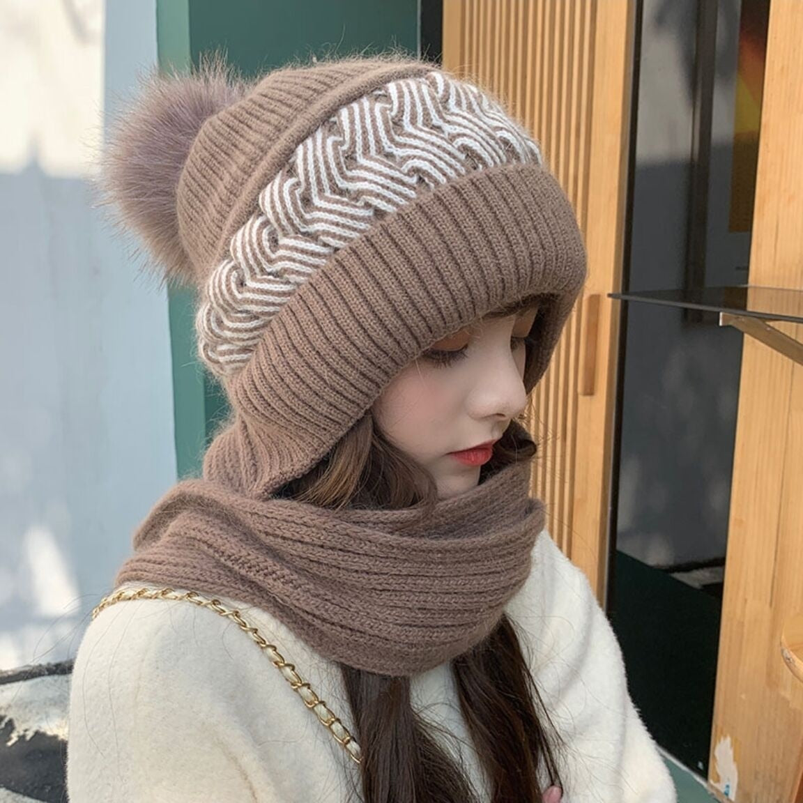 Knitted Hooded Scarf Wool Blend Warm Winter Accessory Women's Wrap Casual Wintry Style Crocheted Scarf | Sansoti