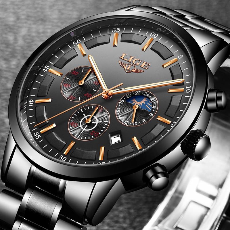 Steel Men's Watch Black – Elegant Design with Date & Day/Night – Waterproof 30M | Sansoti