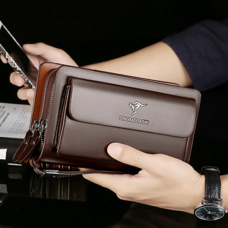 Pochette compacte pour homme avec dragonne, noir et marron, similicuir, compartiments, porte-cartes, portefeuille, organiseur, fermeture éclair | Sansoti