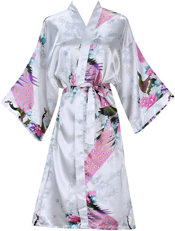 Satinmorgenmantel Kimono Damen Blumenmuster Kurz Luxuriöser Bademantel Junggesellinnenabschied Hausbekleidung Nachtwäsche Loungewear | Sansoti