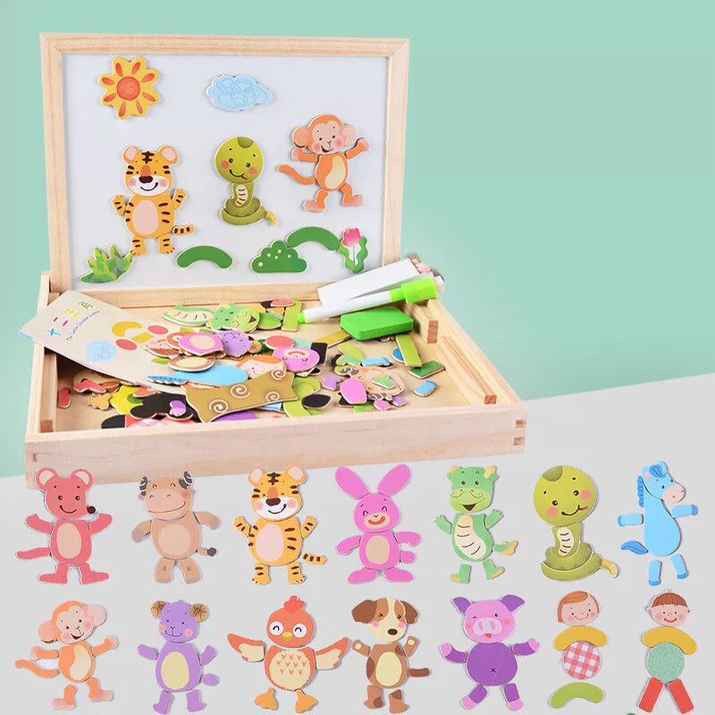 Magnetisch Teken- en Puzzelbord Hout – Dubbelzijdig Whiteboard en Schoolbord – Educatief Speelgoed met Magnetische Stukken – 30x23x3 cm | Sansoti