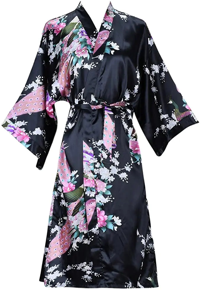 Satinmorgenmantel Kimono Damen Blumenmuster Kurz Luxuriöser Bademantel Junggesellinnenabschied Hausbekleidung Nachtwäsche Loungewear | Sansoti
