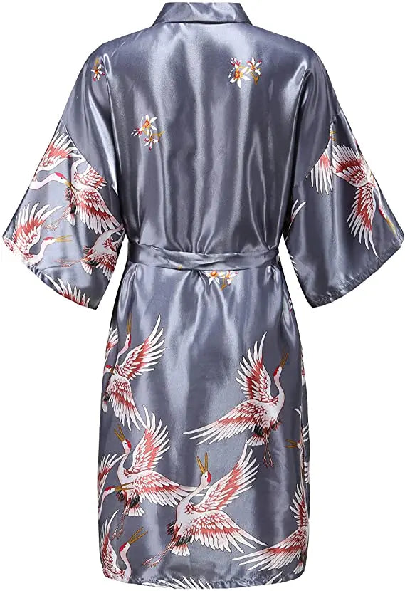 Satin Kimono Robe Floral Print Women's Short Sleeve Luxury Dressing Gown Silky Soft Loungewear Sleepwear | Sansoti
