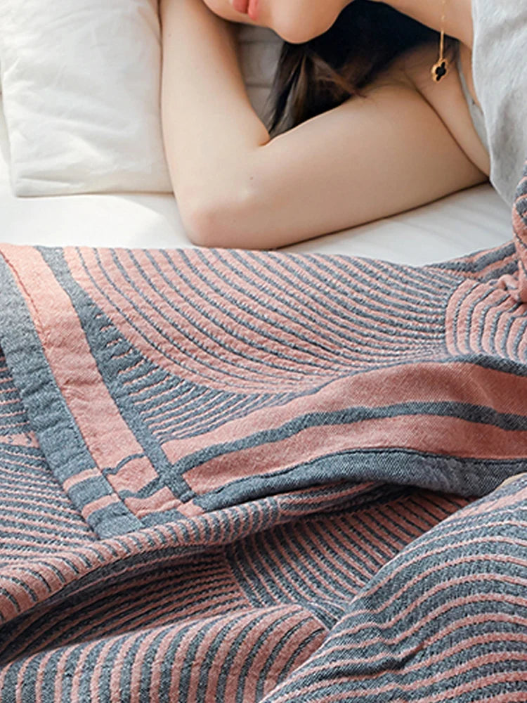 Cotton Summer Throw Four-Layer Muslin Blanket 150×200 200×230 Breathable Striped Bed Couch Sofa Lightweight | Sansoti