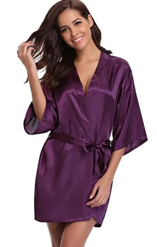 Kimono satiné robe de chambre pour femme à manches courtes bleu marine, vêtement d’intérieur soyeux, peignoir, tenue de nuit | Sansoti