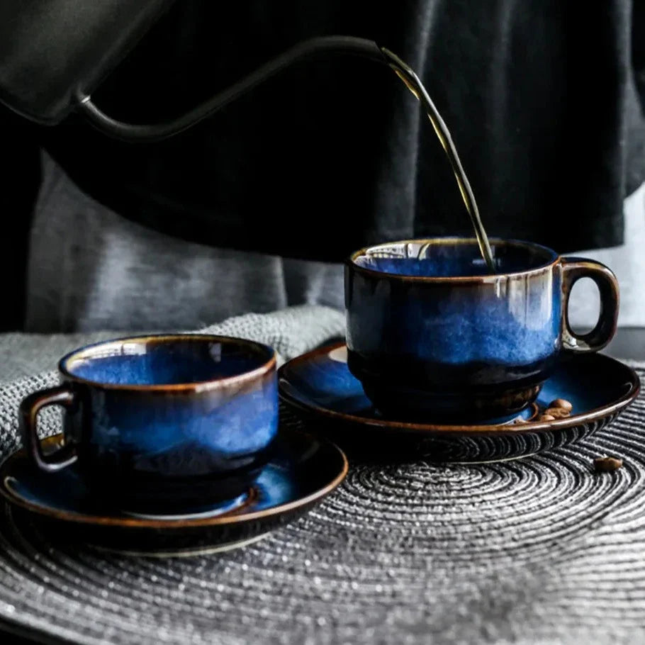 Keramische Mokken Set 2-Delig Diepblauw met Schotel Espresso Koffie | Sansoti
