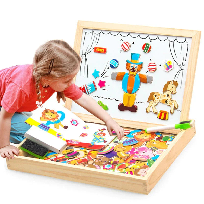 Magnetisch Teken- en Puzzelbord Hout – Dubbelzijdig Whiteboard en Schoolbord – Educatief Speelgoed met Magnetische Stukken – 30x23x3 cm | Sansoti