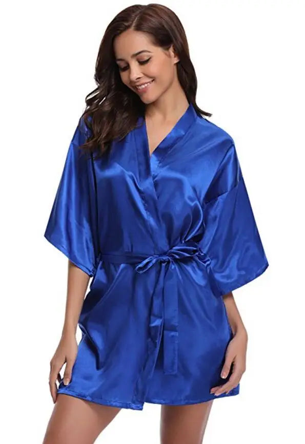 Kimono satiné robe de chambre pour femme à manches courtes bleu marine, vêtement d’intérieur soyeux, peignoir, tenue de nuit | Sansoti