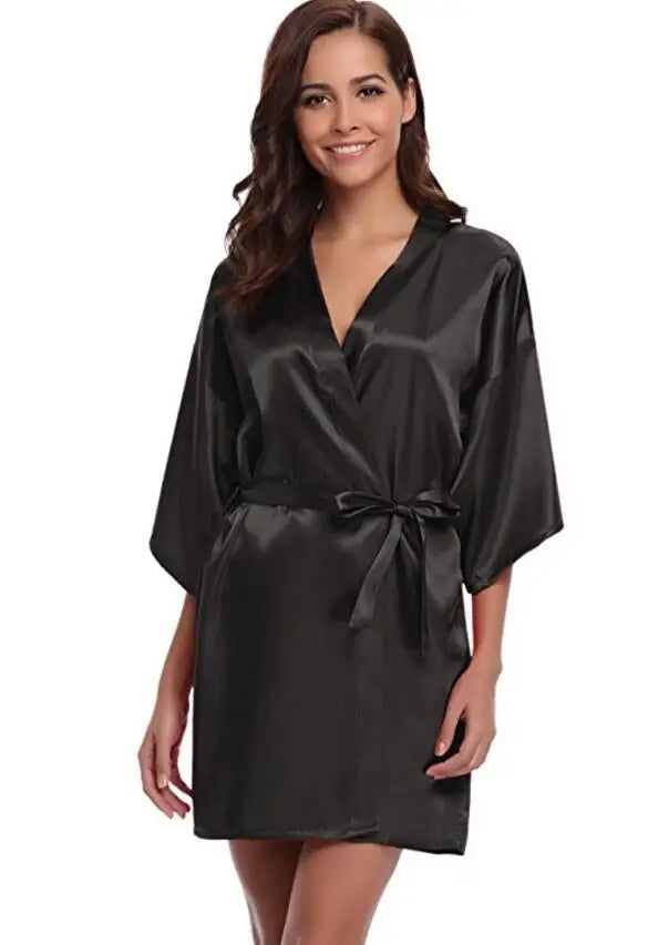 Kimono satiné robe de chambre pour femme à manches courtes bleu marine, vêtement d’intérieur soyeux, peignoir, tenue de nuit | Sansoti