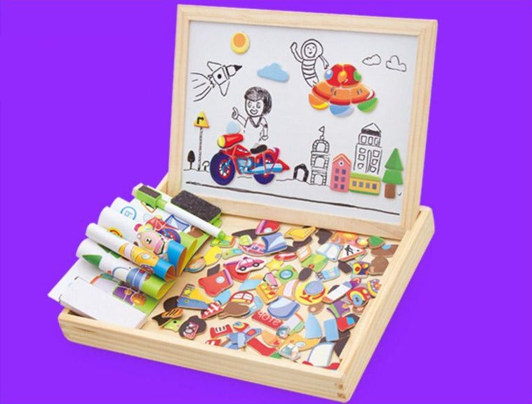 Magnetisch Teken- en Puzzelbord Hout – Dubbelzijdig Whiteboard en Schoolbord – Educatief Speelgoed met Magnetische Stukken – 30x23x3 cm | Sansoti