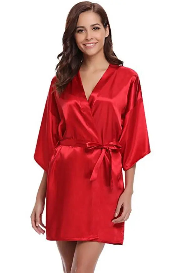 Kimono satiné robe de chambre pour femme à manches courtes bleu marine, vêtement d’intérieur soyeux, peignoir, tenue de nuit | Sansoti
