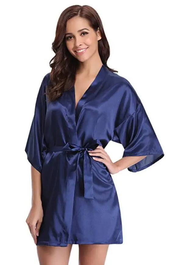 Kimono satiné robe de chambre pour femme à manches courtes bleu marine, vêtement d’intérieur soyeux, peignoir, tenue de nuit | Sansoti