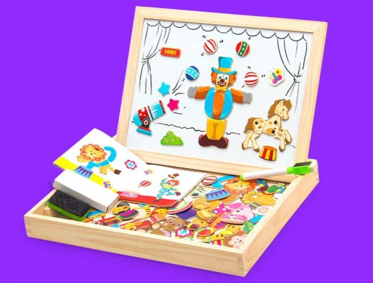 Magnetisch Teken- en Puzzelbord Hout – Dubbelzijdig Whiteboard en Schoolbord – Educatief Speelgoed met Magnetische Stukken – 30x23x3 cm | Sansoti