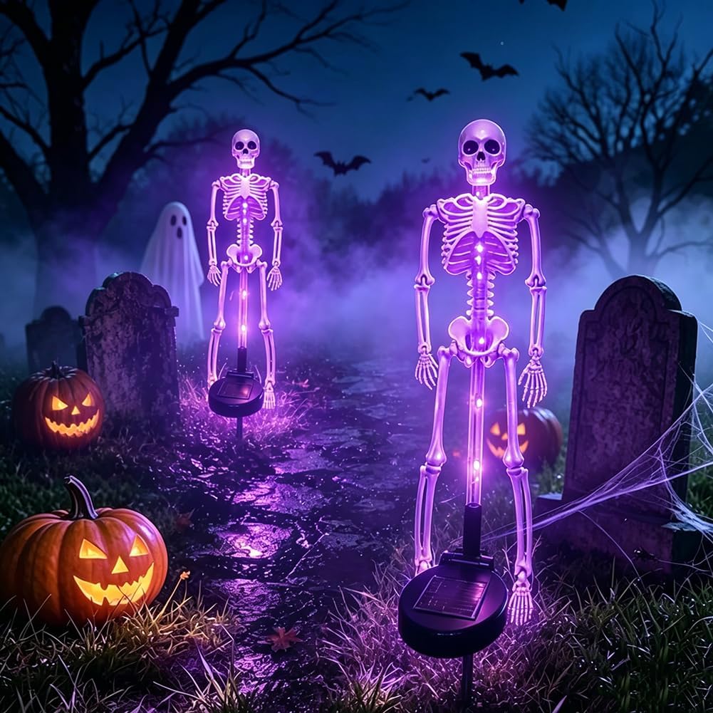 Skeleton Garden Stake Solar Lights, 2-Piece LED Pathway Decorative Outdoor Lighting for Halloween | Sansoti