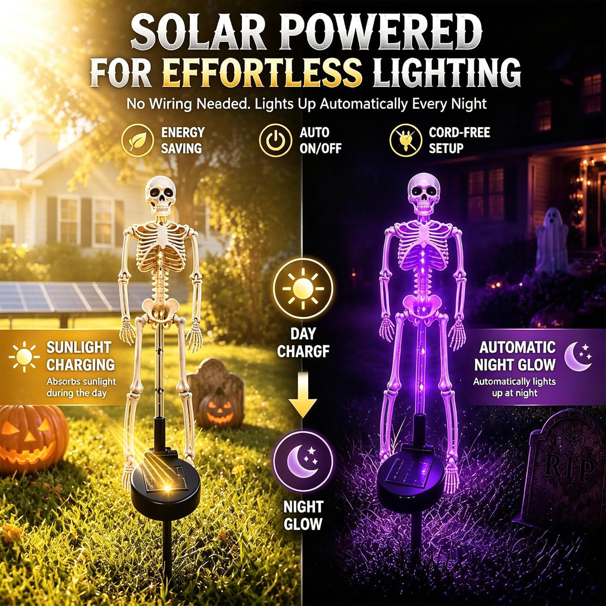 Skeleton Garden Stake Solar Lights, 2-Piece LED Pathway Decorative Outdoor Lighting for Halloween | Sansoti