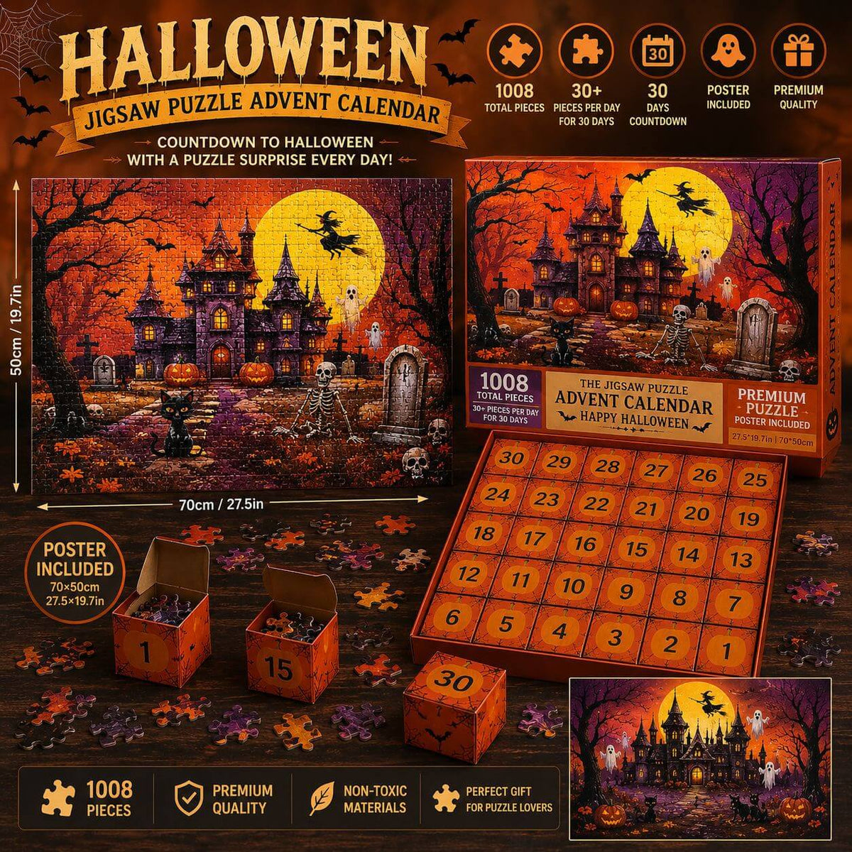 Legpuzzel Adventskalender 1008 Stukjes Spookslot Thema Halloween Dagelijkse Puzzelactiviteit 30 Vakjes | Sansoti