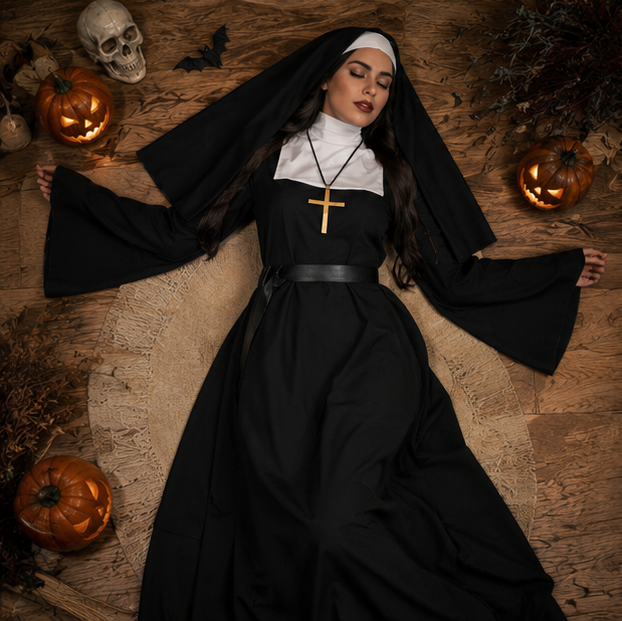 Black Nun Costume for Adults Halloween Dress-Up Outfit Theatrical Cosplay Clothing Carnival Party | Sansoti
