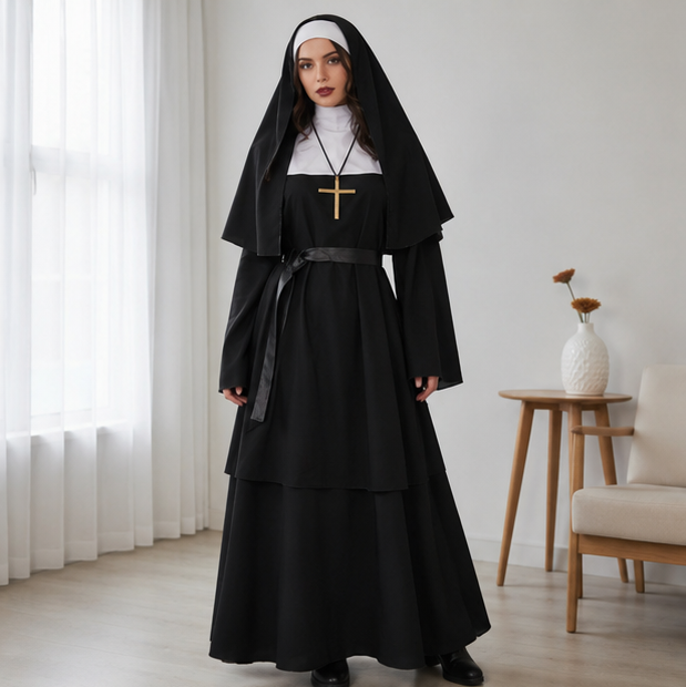Black Nun Costume for Adults Halloween Dress-Up Outfit Theatrical Cosplay Clothing Carnival Party | Sansoti