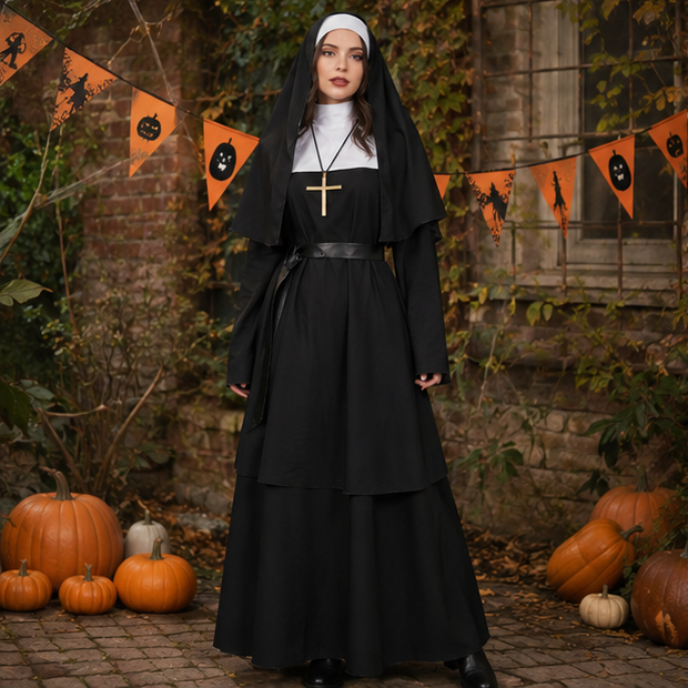 Black Nun Costume for Adults Halloween Dress-Up Outfit Theatrical Cosplay Clothing Carnival Party | Sansoti