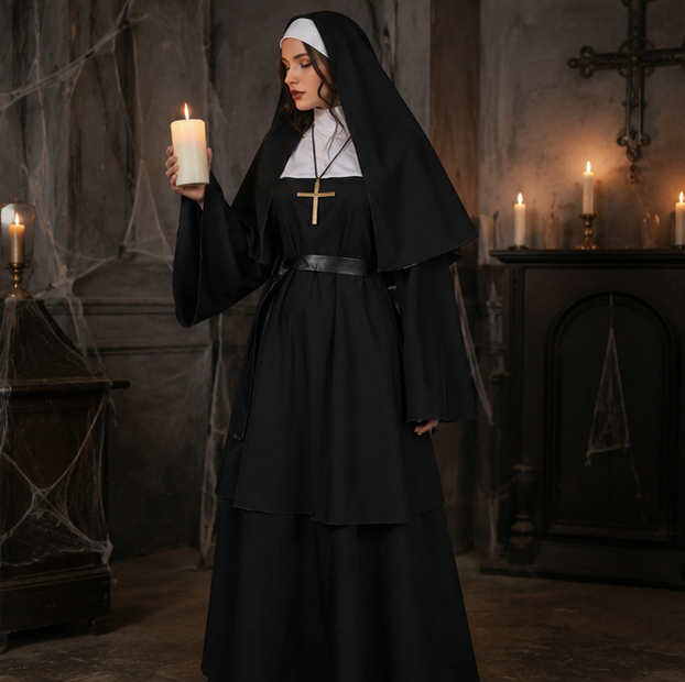 Black Nun Costume for Adults Halloween Dress-Up Outfit Theatrical Cosplay Clothing Carnival Party | Sansoti