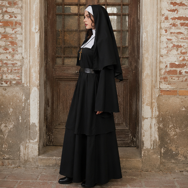 Black Nun Costume for Adults Halloween Dress-Up Outfit Theatrical Cosplay Clothing Carnival Party | Sansoti