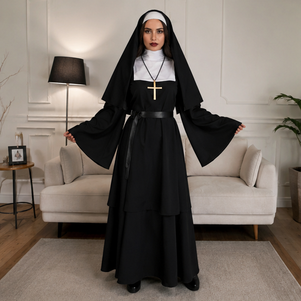 Black Nun Costume for Adults Halloween Dress-Up Outfit Theatrical Cosplay Clothing Carnival Party | Sansoti
