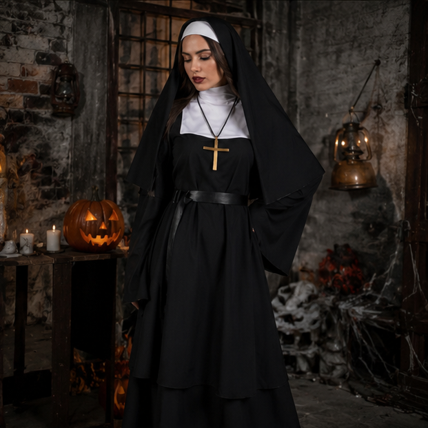 Black Nun Costume for Adults Halloween Dress-Up Outfit Theatrical Cosplay Clothing Carnival Party | Sansoti