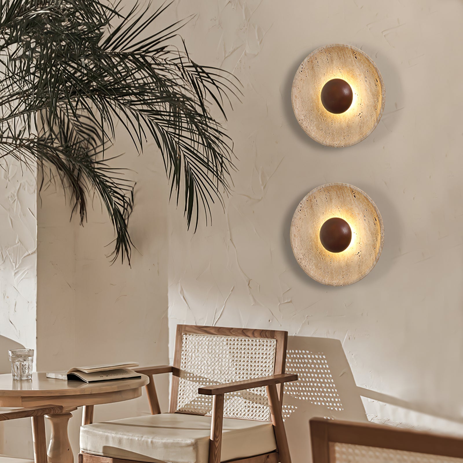 Wandleuchte Travertin Holz Rund Warmes Licht Wohnzimmer Schlafzimmer Flur Naturstein Design Wandleuchte Innen | Restfield