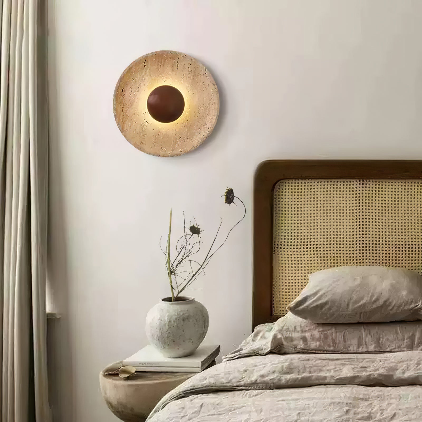 Wandleuchte Travertin Holz Rund Warmes Licht Wohnzimmer Schlafzimmer Flur Naturstein Design Wandleuchte Innen | Restfield