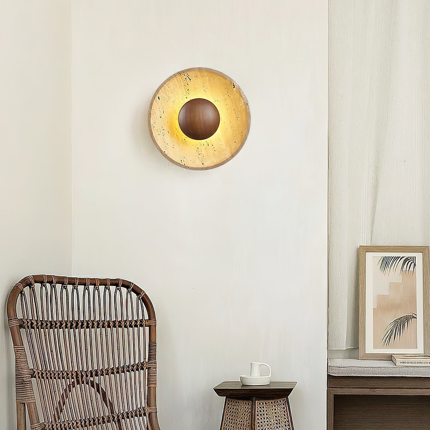Wandleuchte Travertin Holz Rund Warmes Licht Wohnzimmer Schlafzimmer Flur Naturstein Design Wandleuchte Innen | Restfield