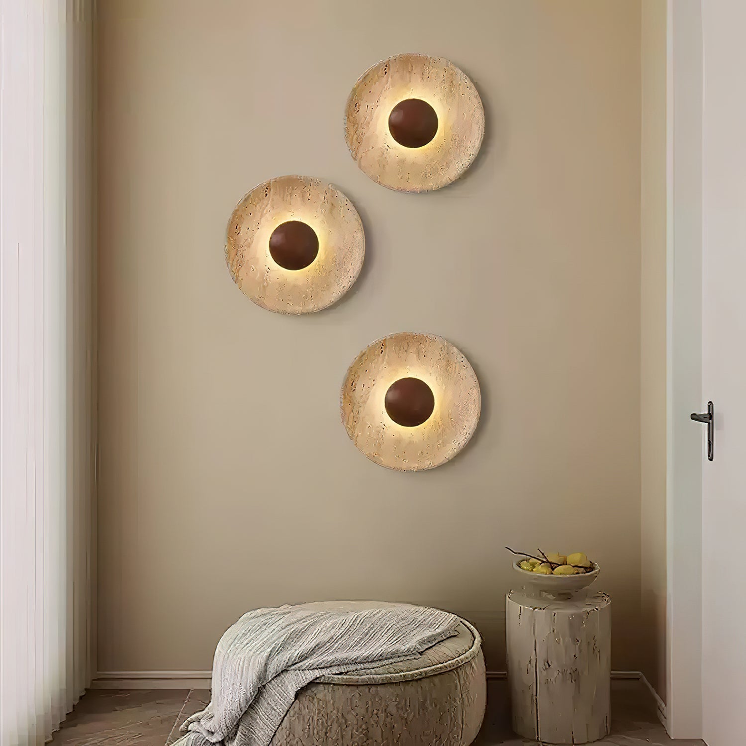 Wandleuchte Travertin Holz Rund Warmes Licht Wohnzimmer Schlafzimmer Flur Naturstein Design Wandleuchte Innen | Restfield