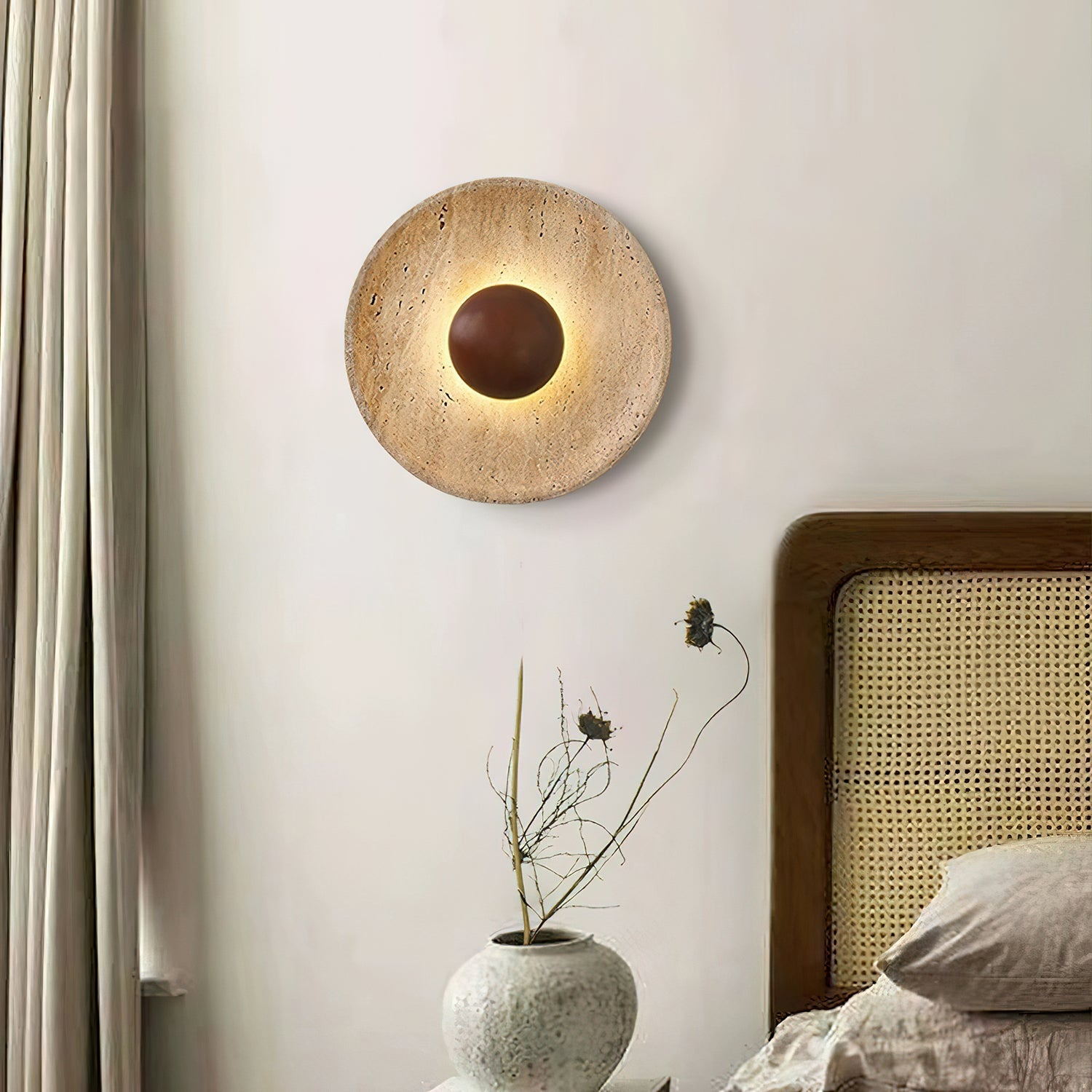 Wandleuchte Travertin Holz Rund Warmes Licht Wohnzimmer Schlafzimmer Flur Naturstein Design Wandleuchte Innen | Restfield