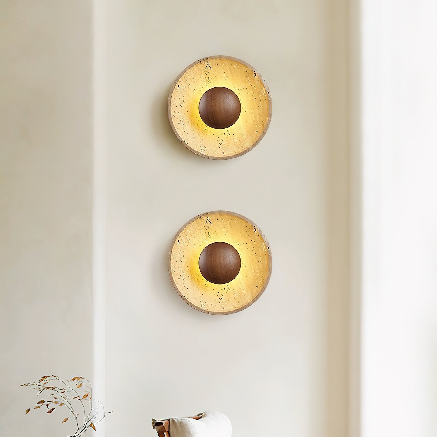 Wandleuchte Travertin Holz Rund Warmes Licht Wohnzimmer Schlafzimmer Flur Naturstein Design Wandleuchte Innen | Restfield