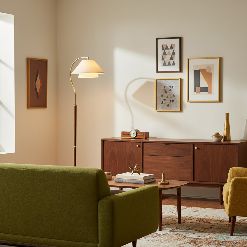 Luxuriöse Stehleuchte mit doppeltem Stoffschirm und Holzdetails – 155 cm hohes Design-Statement | Restfield