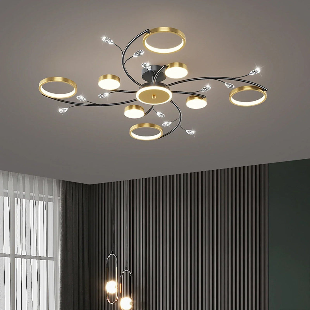 Plafonnier à intensité variable avec télécommande pour salle à manger, salon et chambre, suspension LED moderne au design métallique | Sansoti