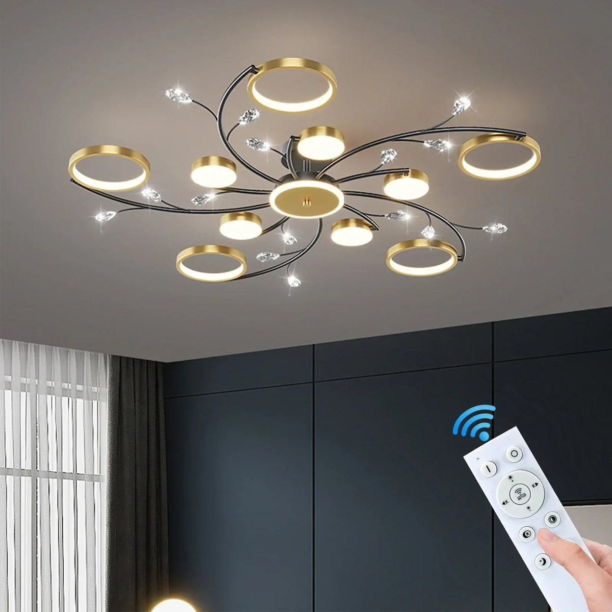 Plafonnier à intensité variable avec télécommande pour salle à manger, salon et chambre, suspension LED moderne au design métallique | Sansoti