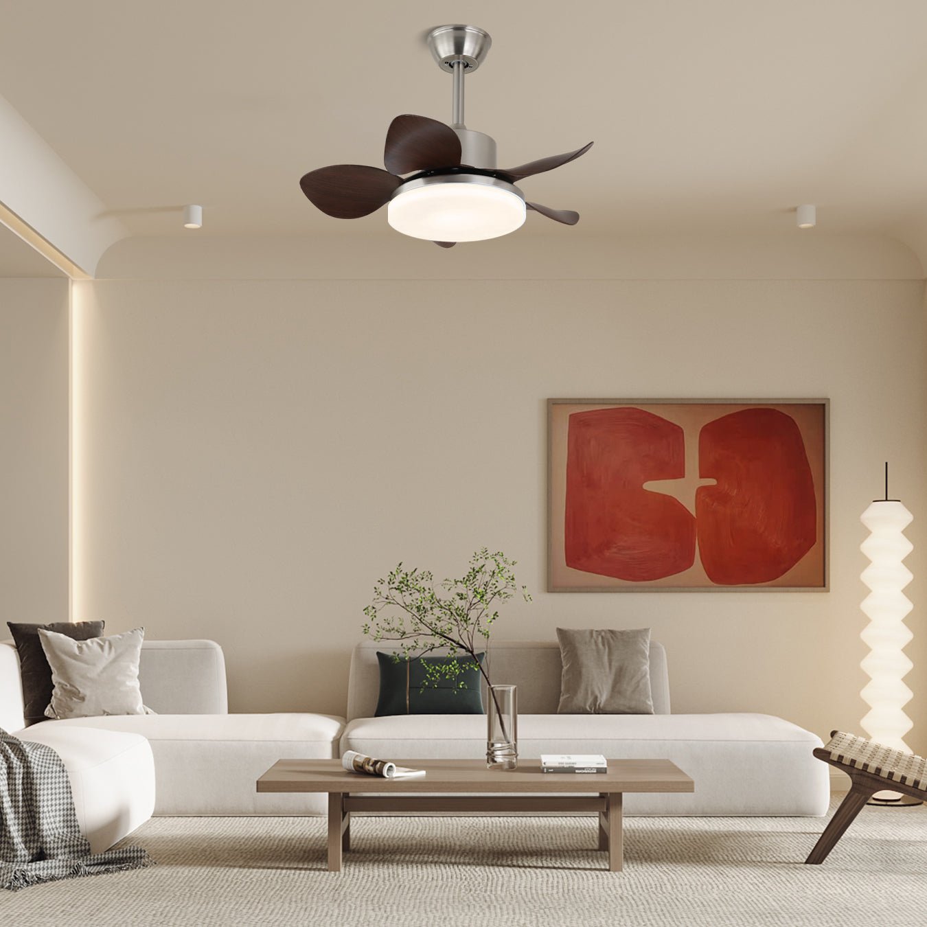 Houten Plafondventilator Kaelen met Verlichting ø71cm | LED Ventilatorlamp Kantelbare Bladen Afstandsbediening 6 Standen | Modern Scandinavisch Ontwerp Nikkel Walnoothout Acryl | Sansoti