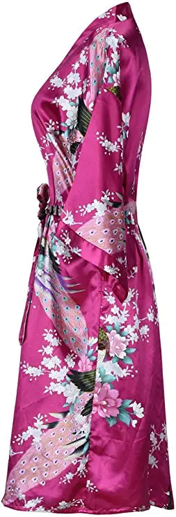 Satinmorgenmantel Kimono Damen Blumenmuster Kurz Luxuriöser Bademantel Junggesellinnenabschied Hausbekleidung Nachtwäsche Loungewear | Sansoti