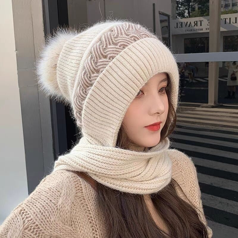 Knitted Hooded Scarf Wool Blend Warm Winter Accessory Women's Wrap Casual Wintry Style Crocheted Scarf | Sansoti