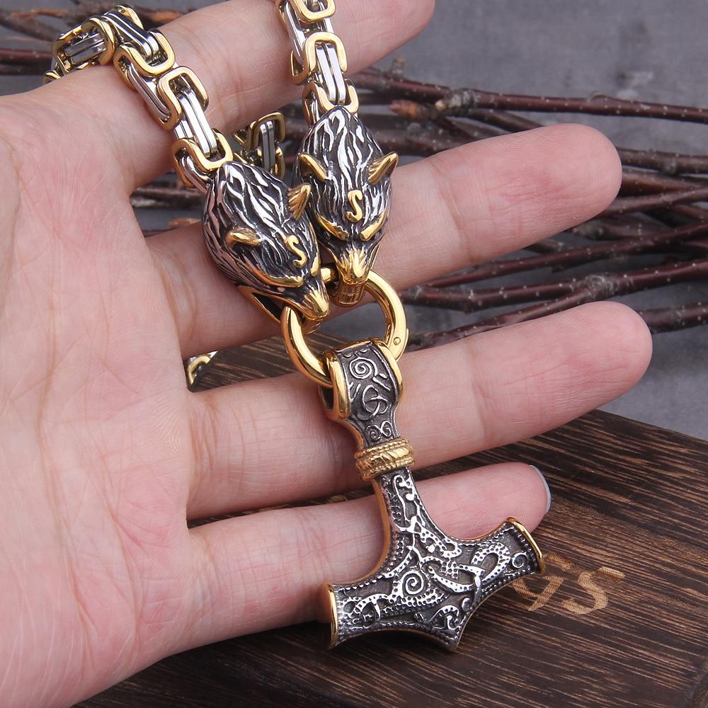 Roestvrij Stalen Schakelketting met Dubbele Wolfskop & Hamer Ornament 60-90cm Verstelbaar Unisex Sieraad | Sansoti