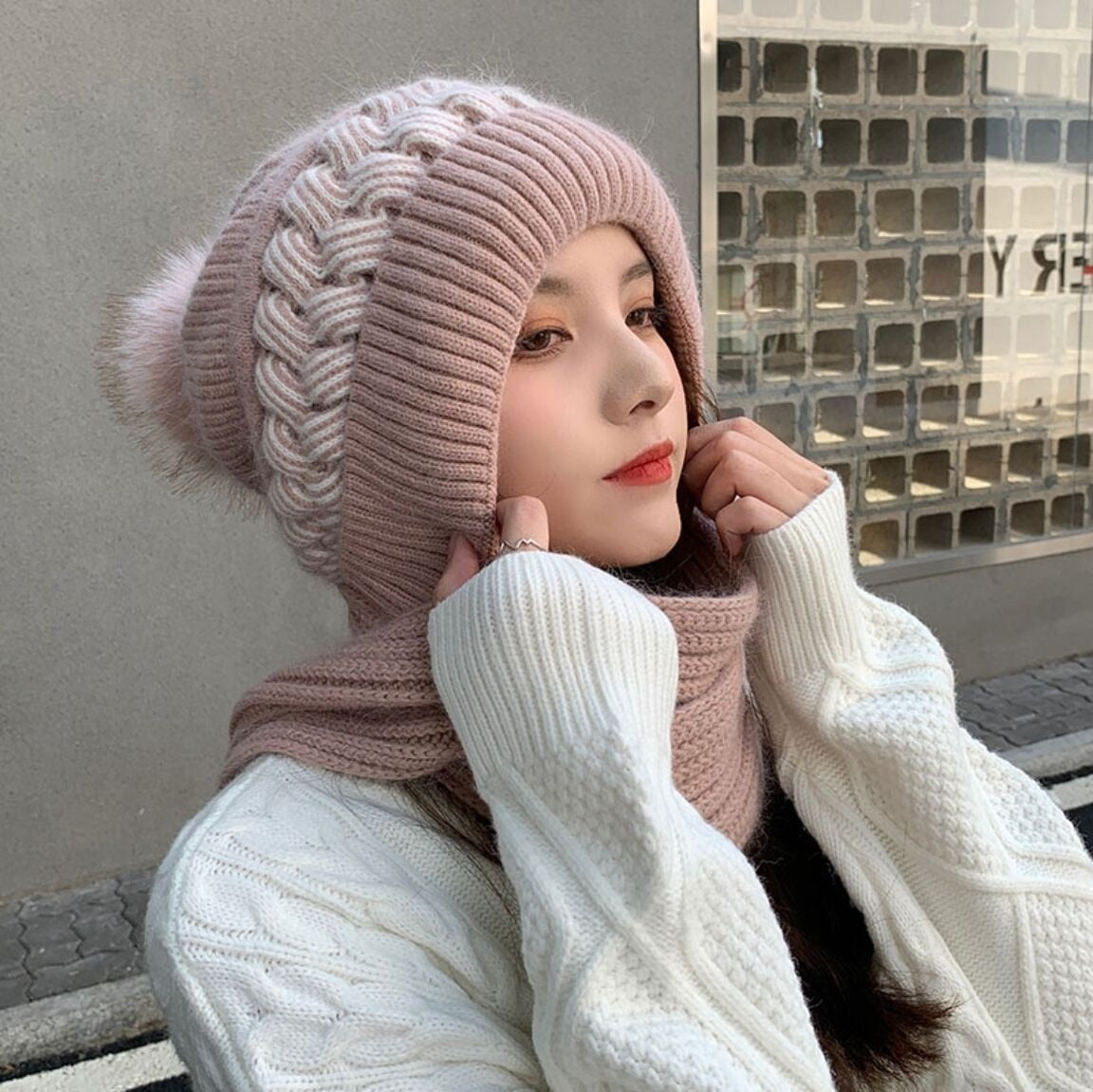 Knitted Hooded Scarf Wool Blend Warm Winter Accessory Women's Wrap Casual Wintry Style Crocheted Scarf | Sansoti