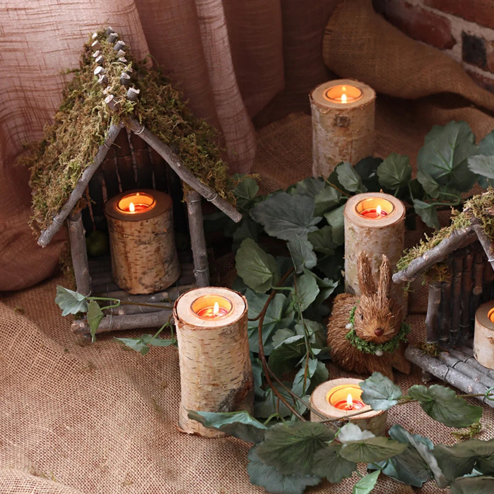 Kaarsenhouder van Berkenhout met Glazen Inzet Scandinavisch Natuurlijke Tafeldecoratie Rustieke Sfeerverlichting Handgemaakte Kandelaar | Sansoti