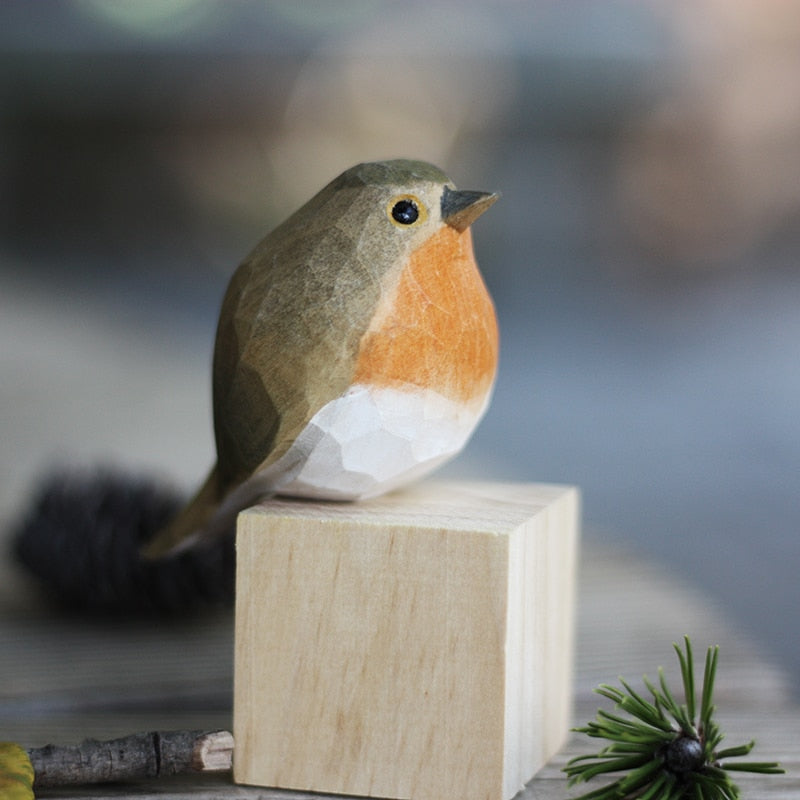 Handgesneden Houten Vogelfiguurtje Scandinavische Stijl Roodborstje Decoratie | Sansoti