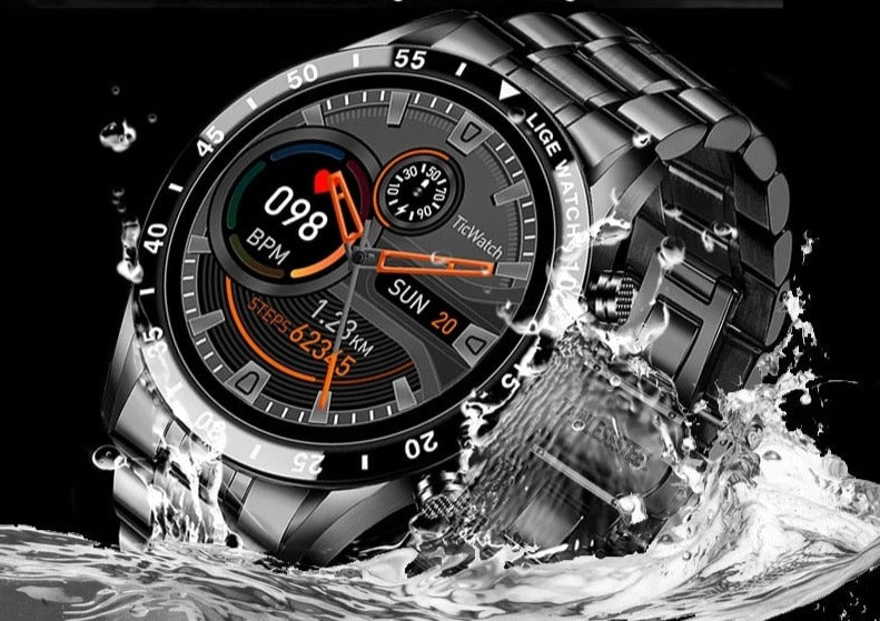 Multifunktionale Smartwatch mit rundem Display, Pulsmesser, Schrittzähler, Bluetooth-Fitness-Tracker, Schwarz-Silber | Sansoti