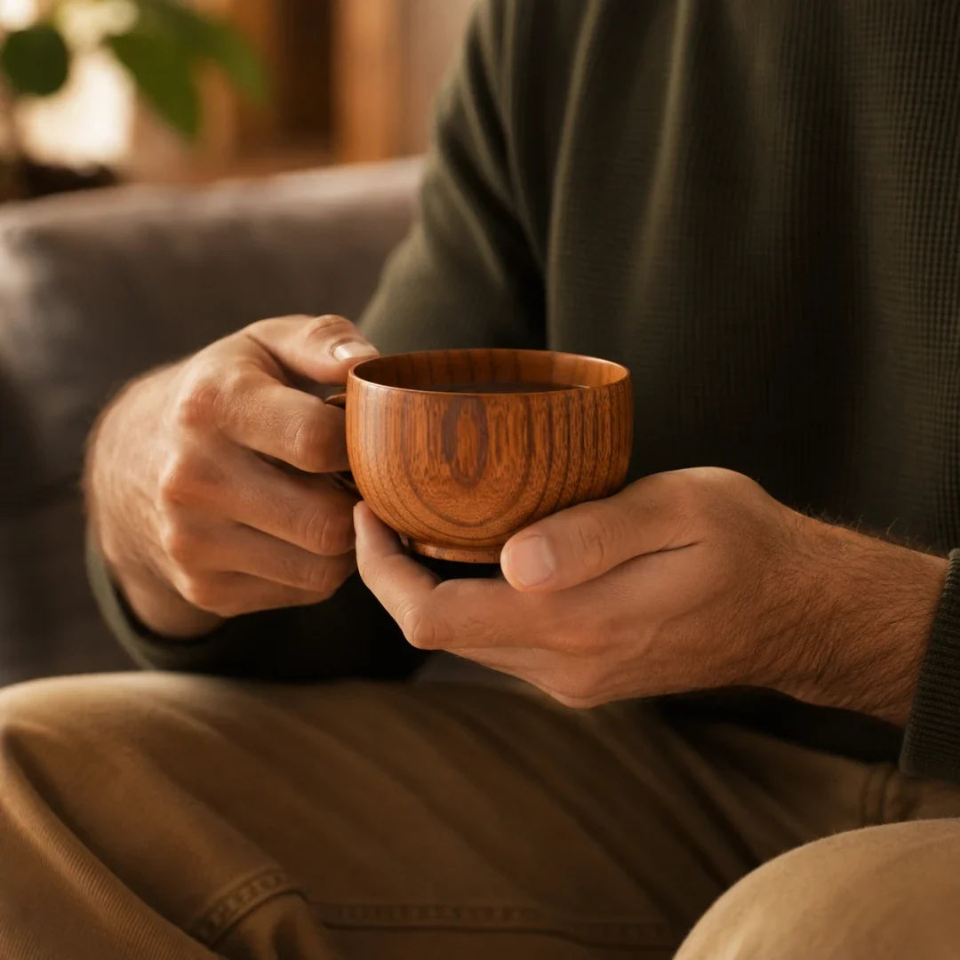 Handgefertigter Holzbecher mit natürlicher Maserung für Tee, Kaffee und Heißgetränke | Sansoti