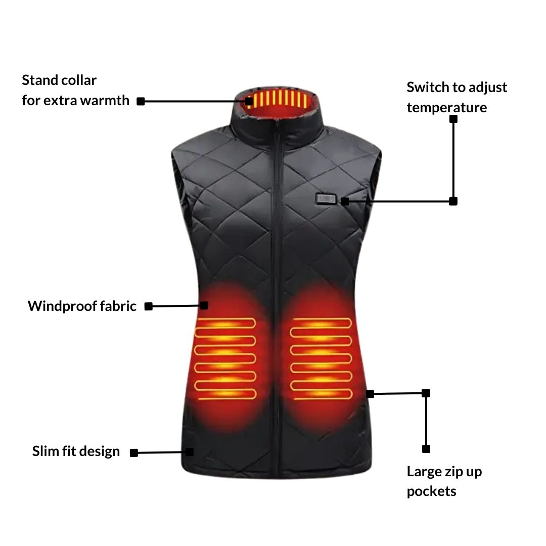 Beheizbare Damen-Weste mit 9 Wärmezonen, USB-Anschluss, Outdoor-Thermobekleidung für den Winter | Sansoti