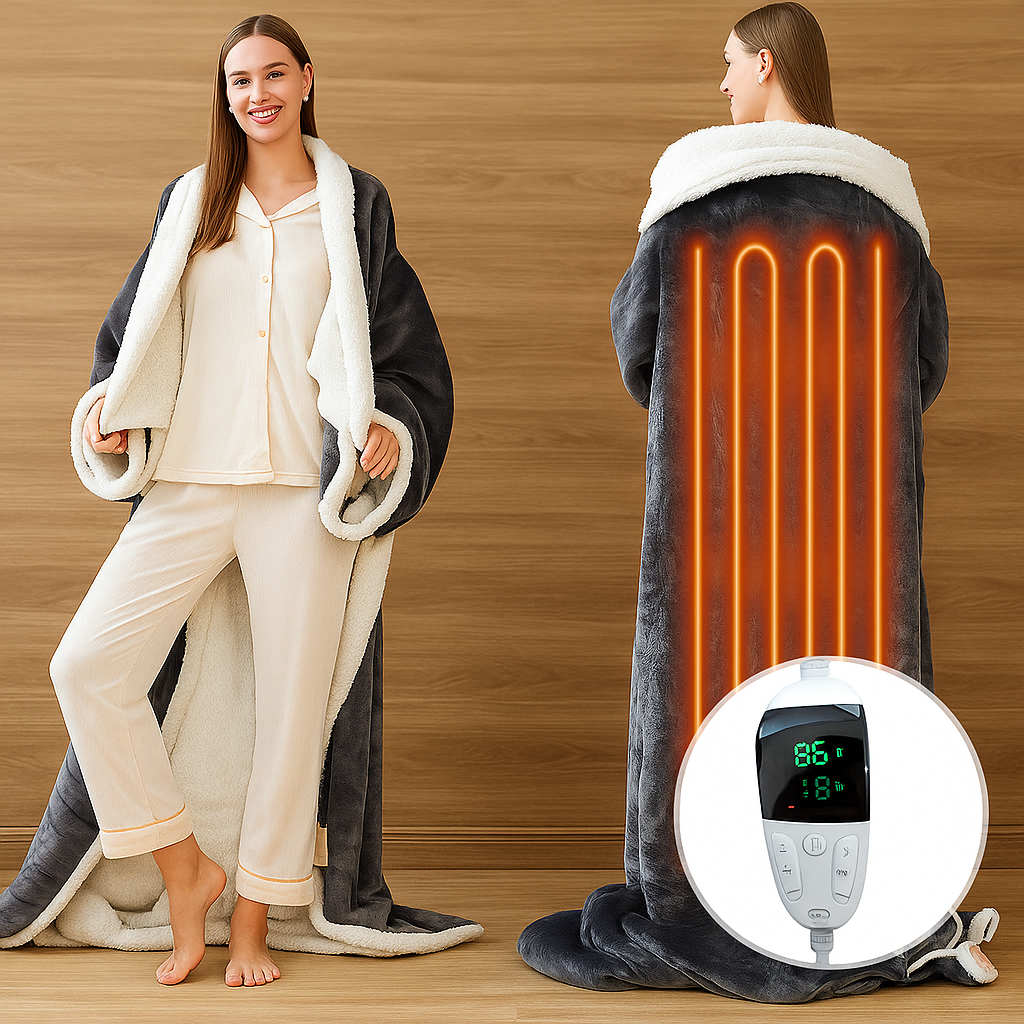 Verwarmde Omslagdeken Fleece Sherpa met Mouwen Voetvakken 6 Warmtestanden Draagbaar Elektrisch Comfort | Sansoti