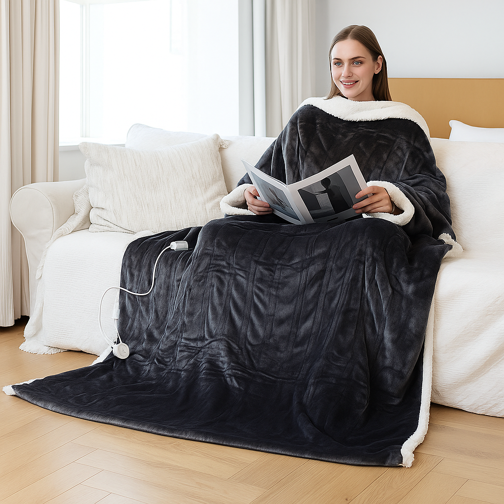 Verwarmde Omslagdeken Fleece Sherpa met Mouwen Voetvakken 6 Warmtestanden Draagbaar Elektrisch Comfort | Sansoti