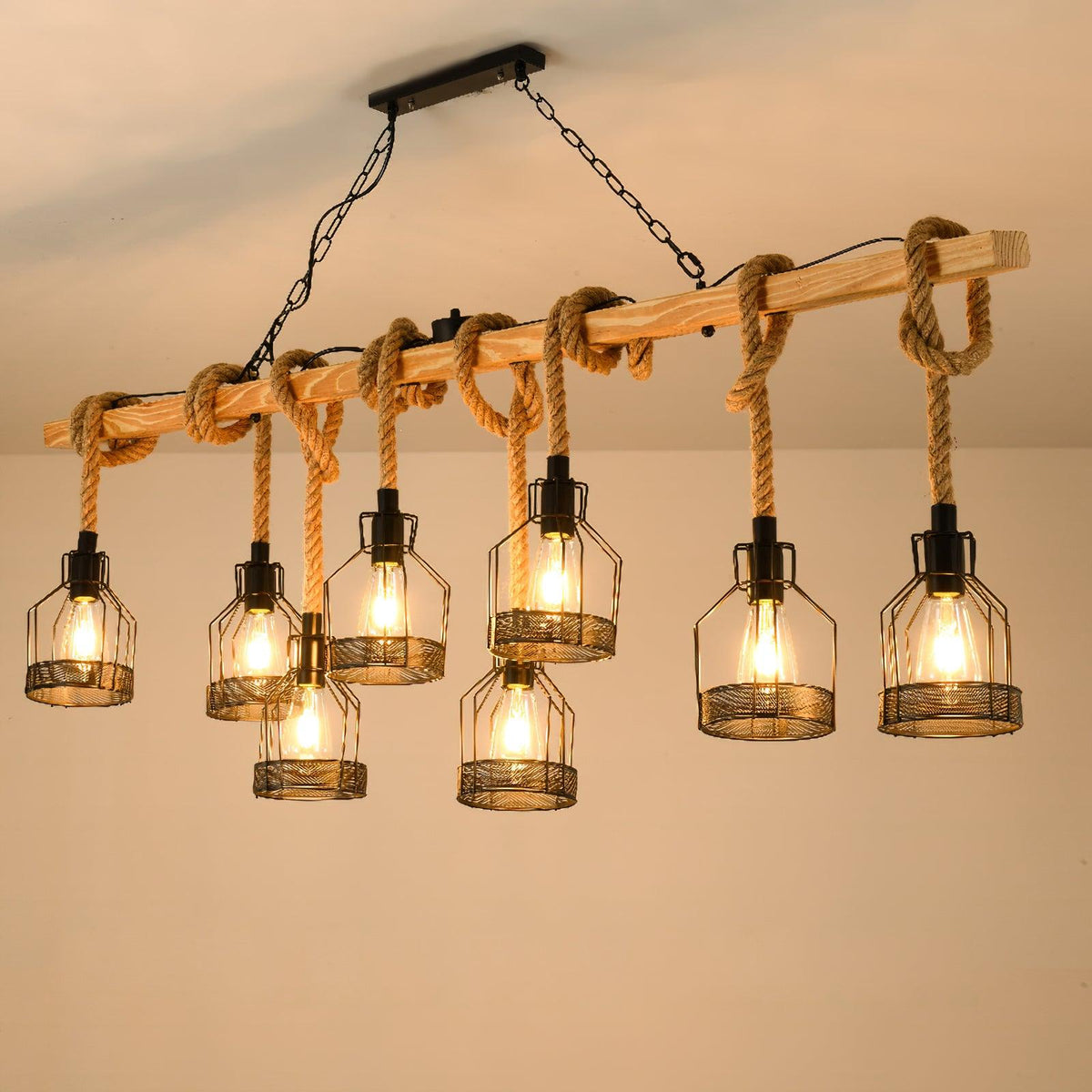 Henneptouw Hanglamp Industrieel Metaal 3-5-8 Lichtpunten Granaatmodel Vintage Snoerverlichting Eetkamer Woonkamer | Sansoti
