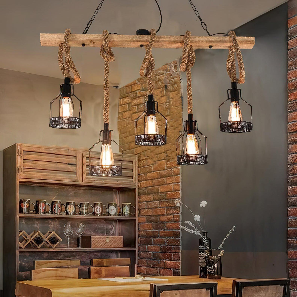 Henneptouw Hanglamp Industrieel Metaal 3-5-8 Lichtpunten Granaatmodel Vintage Snoerverlichting Eetkamer Woonkamer | Sansoti